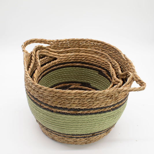 Cotton & Seagrass Large Baskets - Natural Black & Green- Set of 3