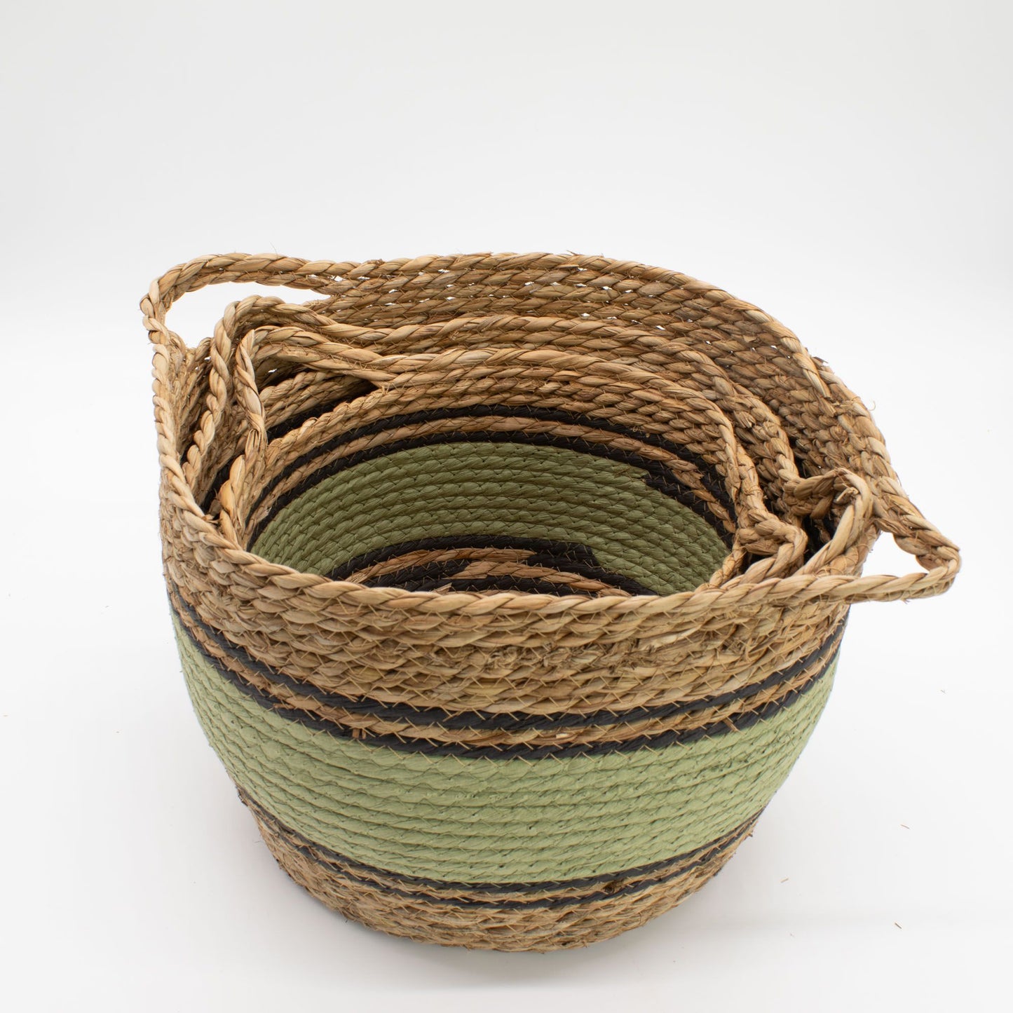 Cotton & Seagrass Large Baskets - Natural Black & Green- Set of 3