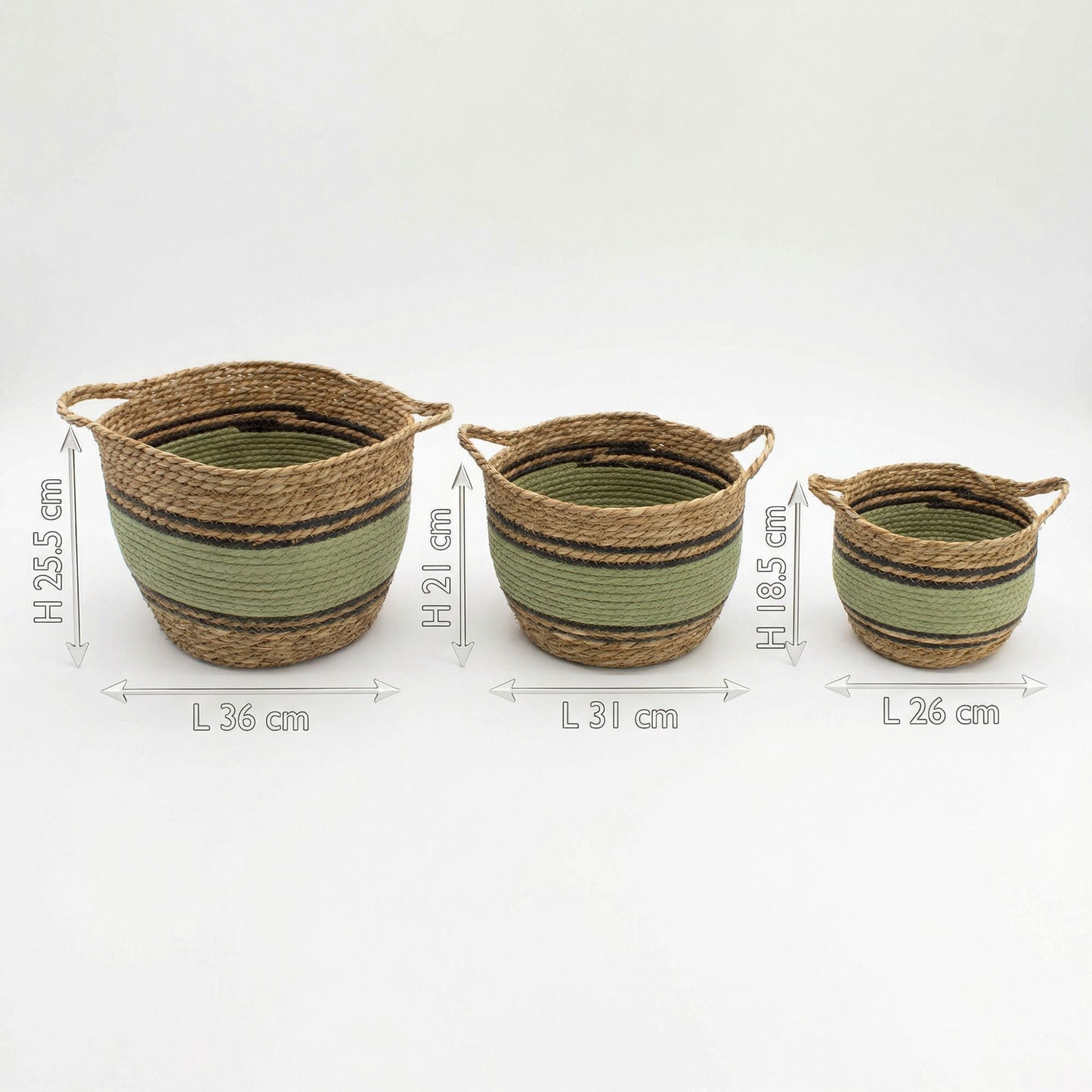 Cotton & Seagrass Large Baskets - Natural Black & Green- Set of 3